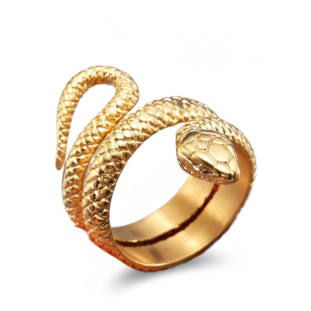 Gold snake-shaped ring on a white background