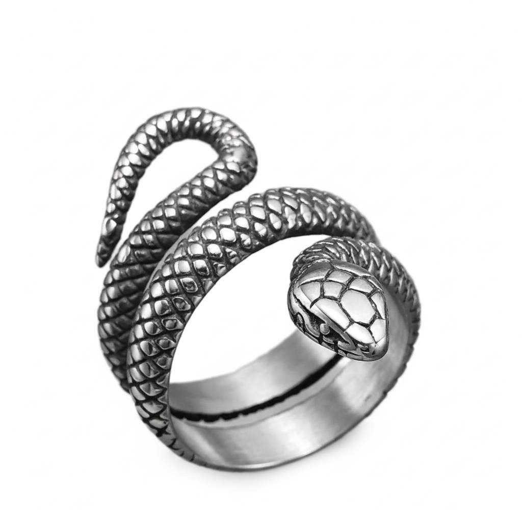 Silver snake-shaped ring on a white background