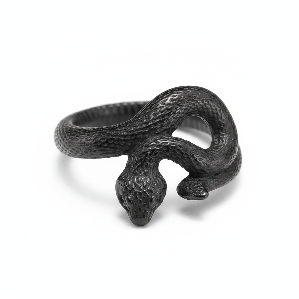 Black snake-shaped ring on a white background