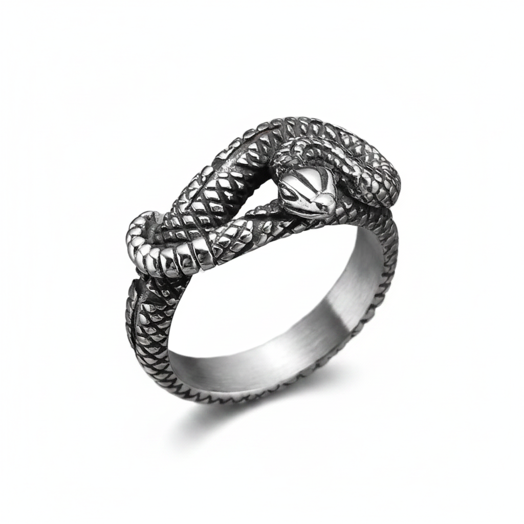 Silver snake-shaped ring on a white background