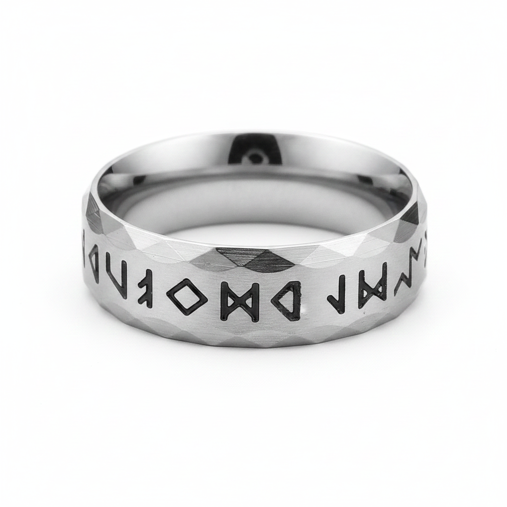 Silver stainless steel runic Viking styled ring on a white background