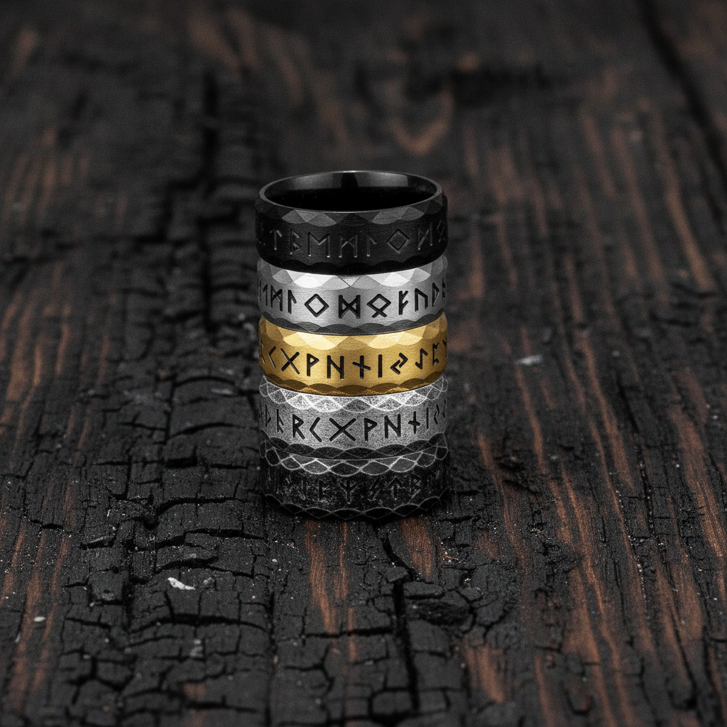 rings with Noridc Runes on a textured dark surface