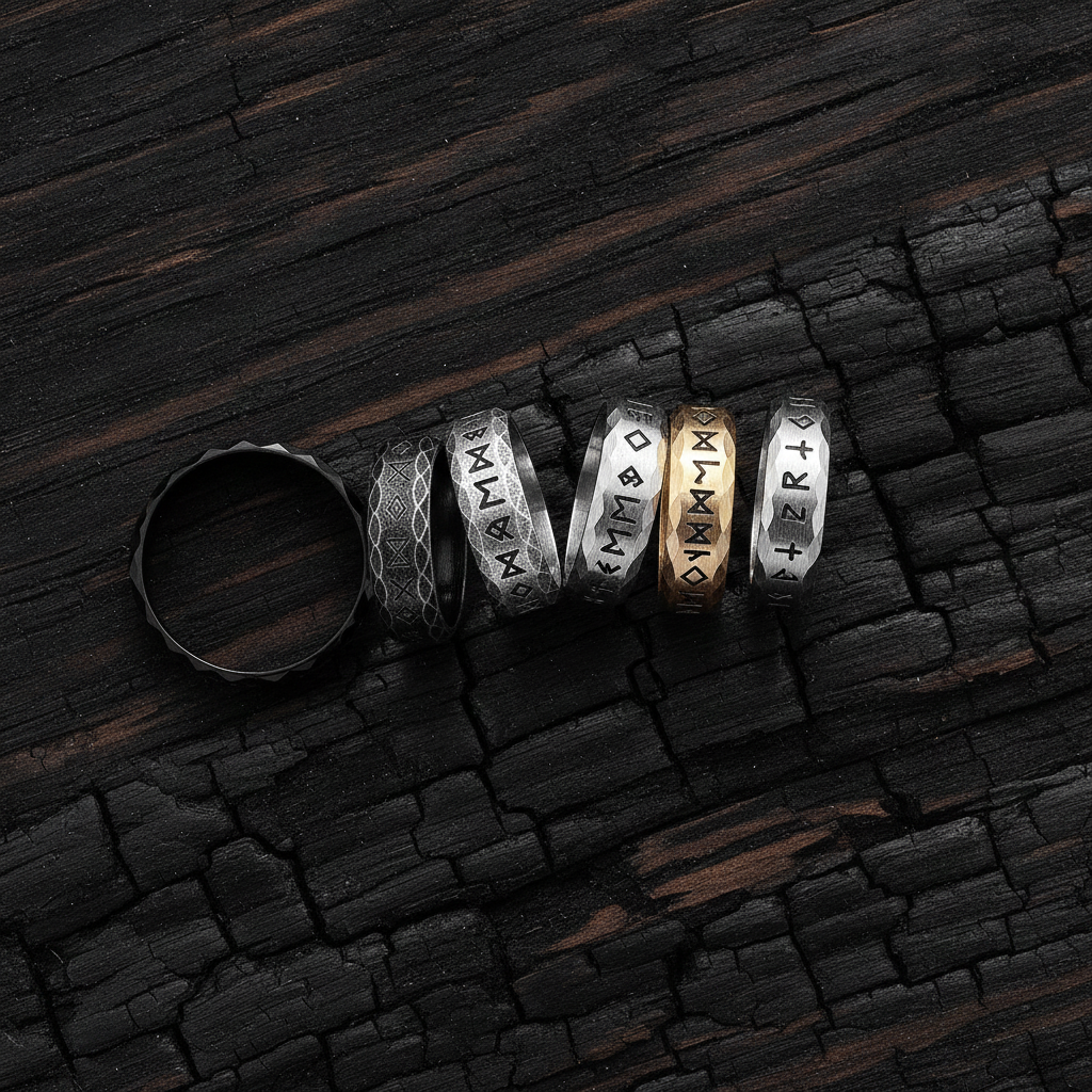 Set of silver and gold rings with engraved Viking designs on a dark wooden surface