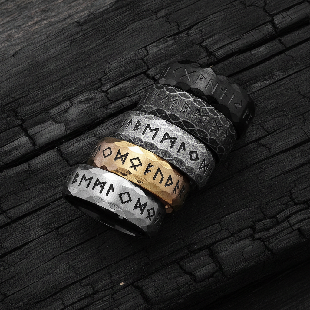 Viking and runic styled rings with engraved text on a dark wooden surface