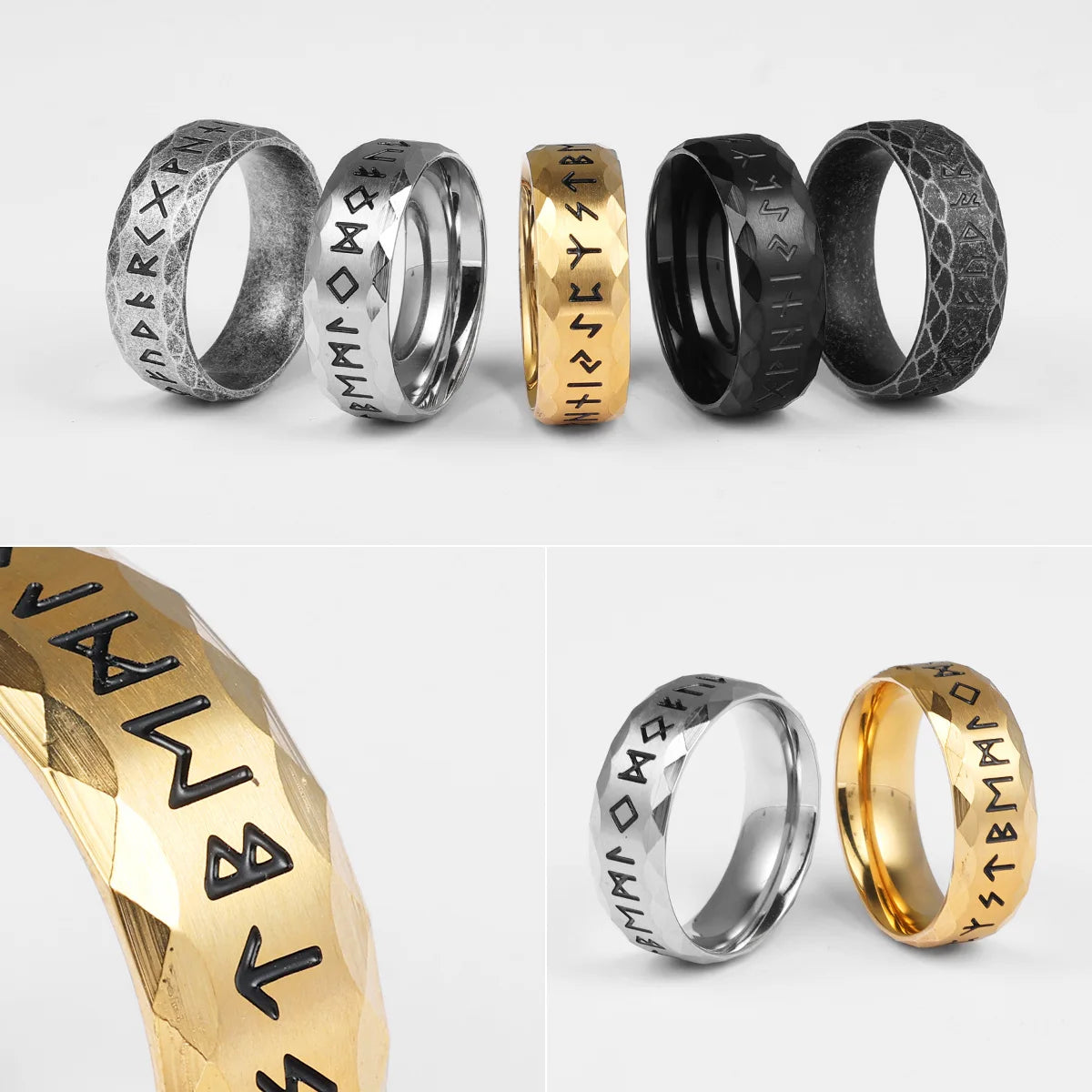 Collection of rings with runes on a white background